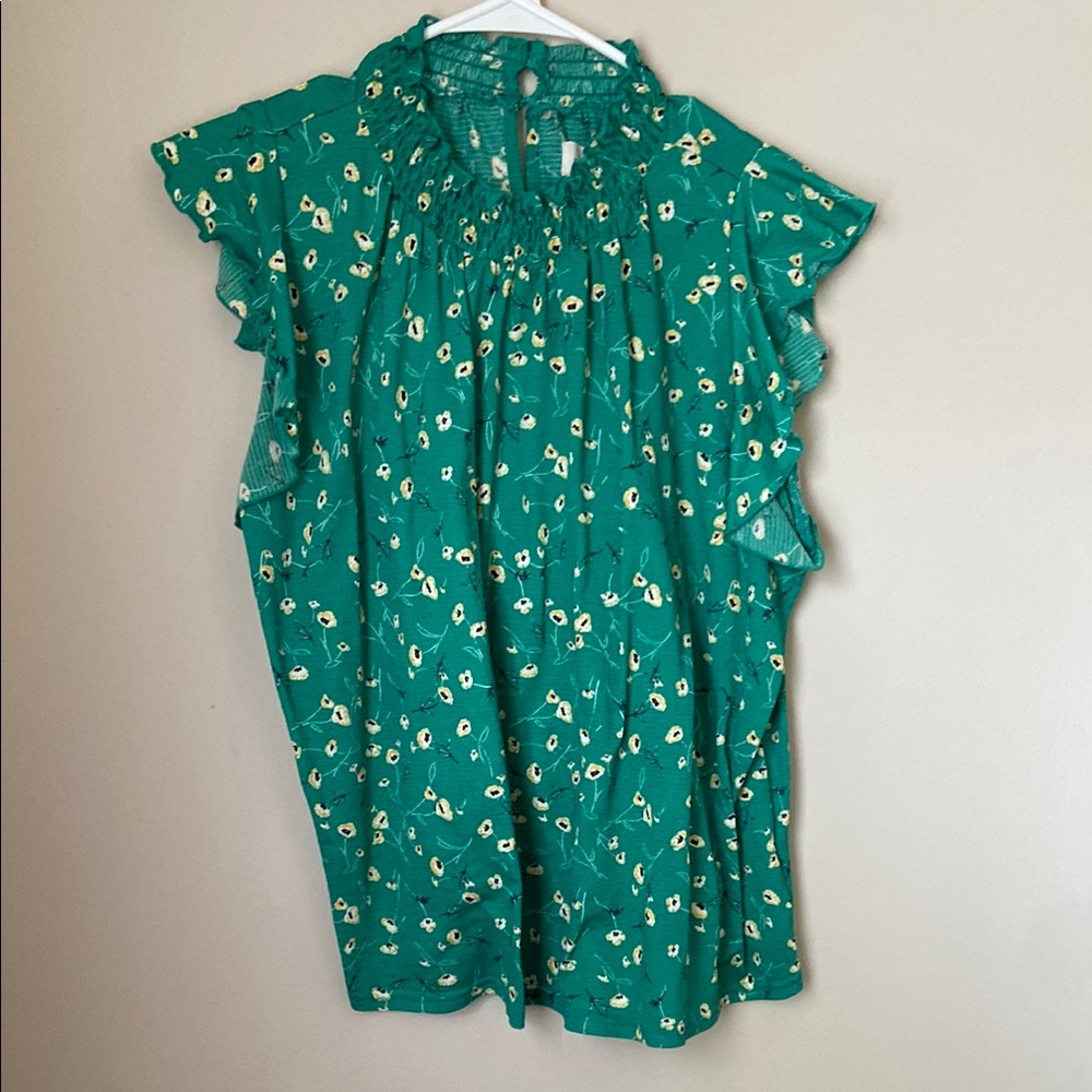 MELLODAY Green Ruffled Sleeveless Blouse with Mandarin Collar